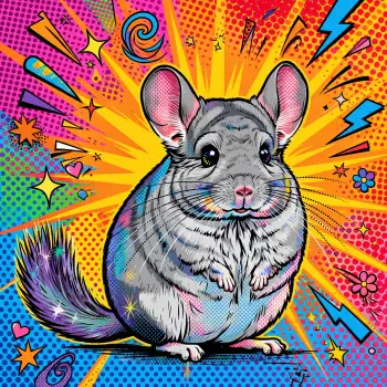 Cartoon chinchilla rodent avatar in vibrant pop art style, with bold comic-book colors and starburst background.