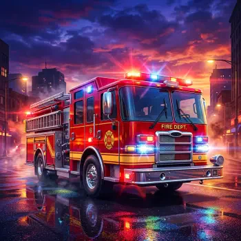 A fire truck with flashing red and blue lights on a rain-soaked city street at sunset, framed as a striking forum profile avatar.