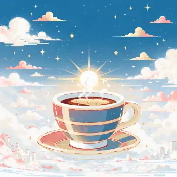 Illustrated espresso coffee cup against a dreamy pastel sky, featured as a forum profile avatar.