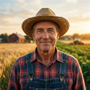 Farmer profile photo of a smiling man in a straw hat, plaid shirt, and denim overalls standing in a sunlit field.