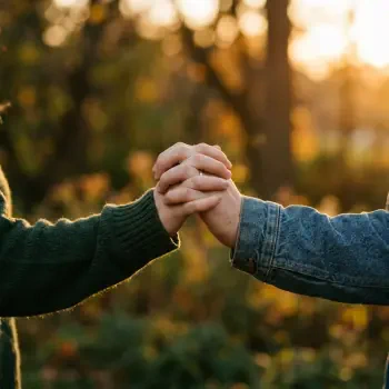 Couple holding hands in warm autumn light, a loving forum profile photo.
