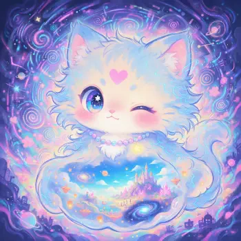Cute aesthetic kitten avatar with a winking face, heart mark, and dreamy galaxy colors