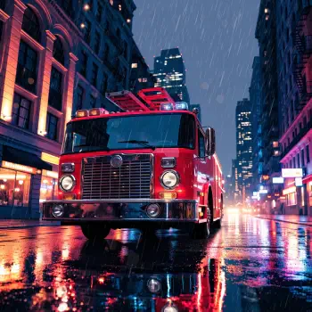 Red fire engine on a rain-soaked city street at night, reflected in wet pavement; dramatic fire truck profile avatar.