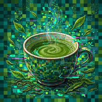Pixel art matcha green tea in a teacup, framed by glowing digital foliage—vibrant forum avatar profile picture.