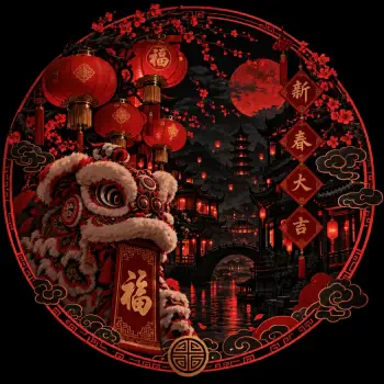 Chinese New Year profile avatar featuring a vibrant lion dance, glowing red lanterns, and traditional Chinese culture.
