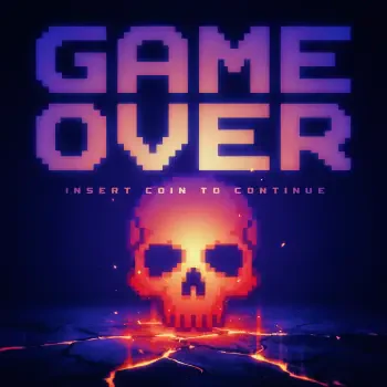 Pixel art game over skull glowing above a lava crack, with “Insert Coin to Continue” text, designed as a video game forum avatar.