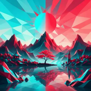 Geometric polyscape mountain lake profile picture with a vibrant split sun, red tree, and colorful reflections.