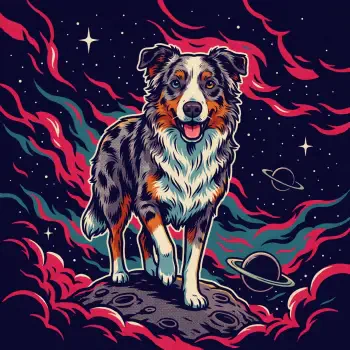 Colorful Australian Shepherd avatar standing on an asteroid in a starry space scene.