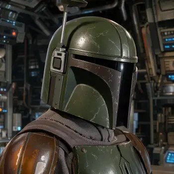 Boba Fett wearing his battle-worn green helmet aboard a spacecraft, depicted in this Star Wars profile avatar.