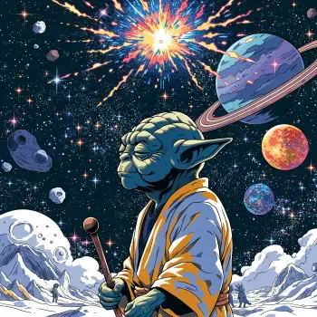 Yoda avatar in a snowy alien landscape, surrounded by colorful planets, stars, and a cosmic explosion in space.