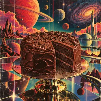 Chocolate cake with rich frosting on a glass stand, set against a vivid cosmic landscape; a striking dessert profile photo.