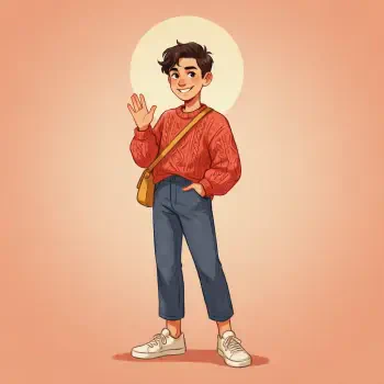 Cheerful illustrated boy in a red sweater and casual fashion outfit, waving in a warm-toned forum profile avatar.