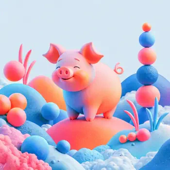 Cute cartoon piglet standing among colorful bubbles and clouds, a cheerful pig avatar for a forum profile.