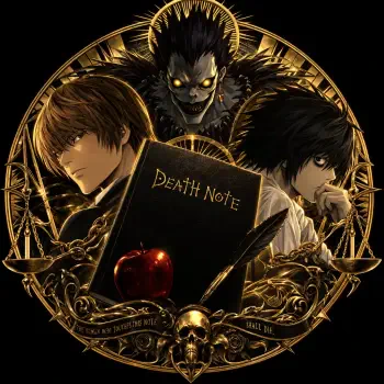 Death Note anime and manga forum avatar featuring Light Yagami with Ryuk, the Death Note, and a red apple in ornate gold artwork.