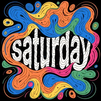 Psychedelic Saturday lettering in bold black-and-white typography with colorful swirling patterns, a vibrant forum avatar.