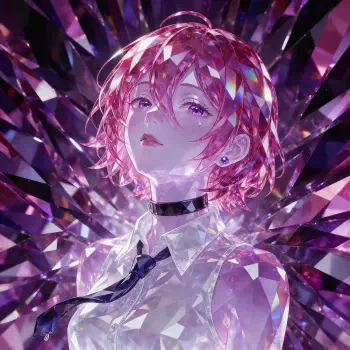 Reze from Chainsaw Man in a shimmering crystal anime portrait, framed by purple shards as a striking forum profile picture.