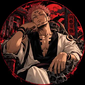 Sukuna from Jujutsu Kaisen seated beneath a red moon, anime forum avatar and profile picture.