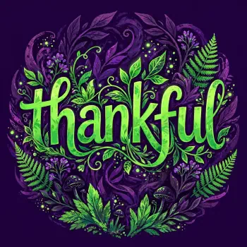 Floral “Thankful” typography forum avatar with vivid green lettering, leafy vines, and purple botanical details.