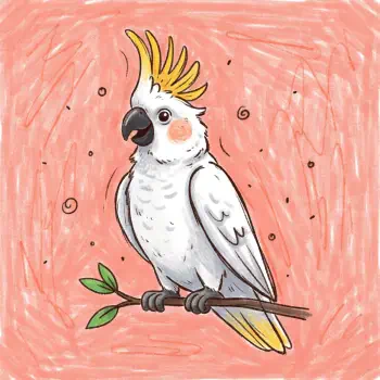 Illustrated white cockatoo parrot with a yellow crest perched on a branch, a colorful bird profile picture on a pink background.