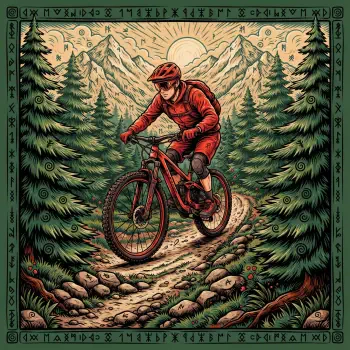 Illustrated mountain biker riding a red mountain bike through a forest trail, framed as a profile photo avatar.