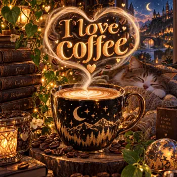 Cozy coffee-themed profile avatar with a sleeping cat, steaming starry mug, and glowing “I Love Coffee” lettering.