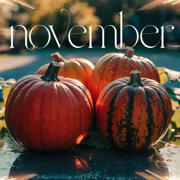November pumpkin avatar featuring glowing autumn pumpkins and elegant seasonal lettering.