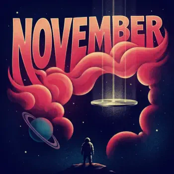 November space-themed profile avatar with an astronaut standing beneath bold lettering, swirling pink clouds, and a ringed planet.
