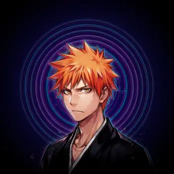 Ichigo Kurosaki from Bleach in a vivid anime-style forum avatar, featuring spiky orange hair against a glowing blue circular background.