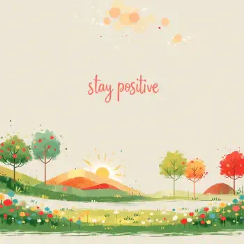 Stay positive inspirational quote over a colorful spring landscape illustration, designed as a cheerful forum profile avatar.
