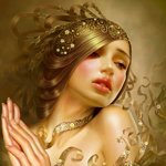 Fantasy forum avatar/pfp of a golden‑adorned woman with flowing hair and a jeweled headpiece, gazing softly.