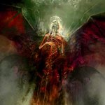 Dark fantasy avatar depicting a mysterious, shadowy figure with glowing eyes and dark wings, enveloped in an eerie, smoky atmosphere.