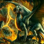 A fierce fantasy dragon with glowing fiery accents stands against a volcanic, molten landscape, captured as a striking forum avatar.