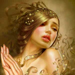 Fantasy forum avatar/pfp of a golden‑adorned woman with flowing hair and a jeweled headpiece, gazing softly.