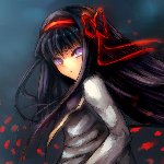 Anime style forum avatar featuring a character from Puella Magi Madoka Magica with long dark hair, red accents, and a mysterious expression against a dark background.