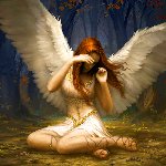 A fantasy-themed forum avatar featuring an angel with white wings and red hair, sitting and covering her eyes in a mystical forest setting.