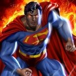 Comic-style Superman forum avatar: muscular superhero in blue suit and red cape with S emblem, flying forward against a fiery background.