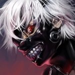 Forum avatar (pfp) from the Tokyo Ghoul anime: white-haired ghoul with a red eye, black half-mask revealing jagged teeth and metal fittings, set against a dark red background.