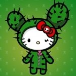 Anime-style Hello Kitty in a green cactus hoodie with spines and red bow, wearing a stitched pink outfit on a green patterned background — a forum avatar/pfp.