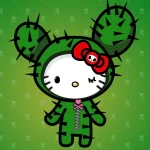Anime-style Hello Kitty in a green cactus hoodie with spines and red bow, wearing a stitched pink outfit on a green patterned background — a forum avatar/pfp.
