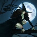 Fantasy-themed avatar featuring a witch with flowing dark hair crouched on a branch under a full moon, exuding mysterious and magical energy.