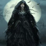 Dark witch forum avatar/pfp: a hooded pale sorceress in layered black robes before a full moon, bats circling — gothic and mysterious.