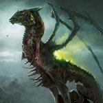 Fantasy-themed forum avatar featuring a dark, menacing dragon with glowing green accents against a misty, stormy background.