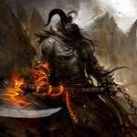 A dark fantasy warrior with glowing fiery chains stands in a smoky, chaotic environment, exuding power and menace.