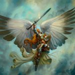 Fantasy-themed avatar of an angel warrior in shining armor, wielding a sword with large wings spread against a cloudy sky backdrop.