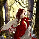 Fantasy fairy with flowing red hair and a crimson dress sits among twisted trees, radiating mystical charm in a dark, enchanted forest.