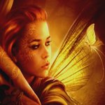 Close-up of a fantasy fairy with vibrant orange hair and glowing wings, set against a warm, golden background, used as a forum avatar.