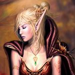 Fantasy-themed avatar featuring a serene elf with pointed ears, adorned in elegant, ornate clothing and a glowing pendant, set against a warm, blurred background.