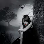 A dark-themed profile photo featuring a woman with striking red lipstick. She sits against a stone wall, surrounded by a moody landscape with a full moon and distant trees.