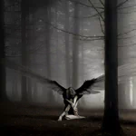 Fantasy-themed avatar depicting a dark angel with black wings kneeling in a misty, eerie forest.
