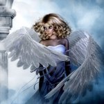 Fantasy-themed profile avatar of a blonde angel with large white wings, dressed in blue, set against a cloudy, ethereal background.